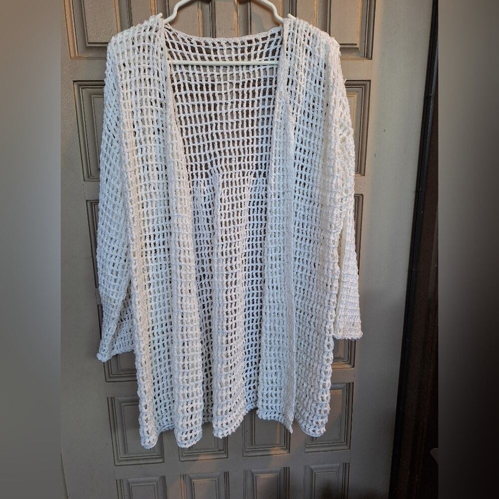 Crochet Knee Length Duster White OS Long Sleeves Acrylic Weight Perfect For Fall